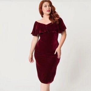 Unique Vintage Burgundy Velvet Off Shoulder Wiggle Dress Retro Pinup Winter XL